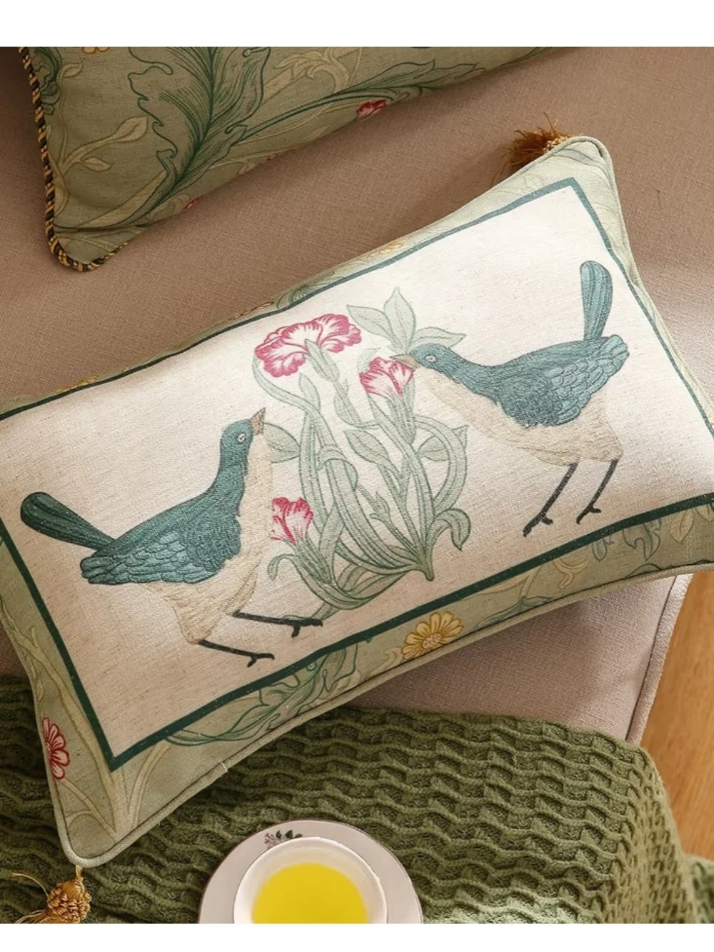 Patdrea “Birds” Lumbar Pillow Cover with Tassels 12x20” (1-count) BLUE GREEN